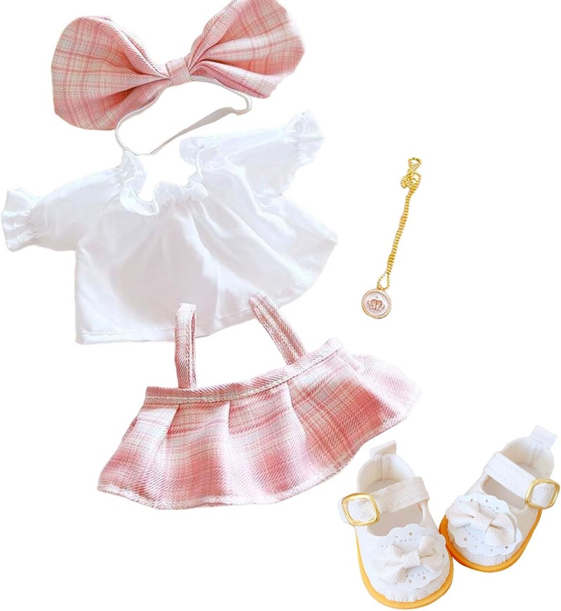 CALEMBOU Plush Doll Clothes Set, Cute JK Uniform Set, Doll Dress Shirt Bow Necklace Shoes 5Pcs Outfits for 20cm/8 inch Soft Dolls Stuffed Animals (Pink Clothes set-20cm/8) - Image 1